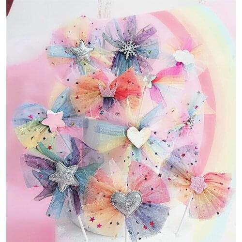 Rainbow Color Crown Heart Star Yarn Bow Cake Decorations Sequin Happy Birthday Girls Cake Topper Decoration Party Baking Decor