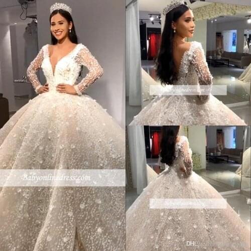 Luxury Beads Ball Gown Wedding Dresses V Neck Sequins Beadings Floral Appliques Long Sleeve Bridal Gown robe de mariee
