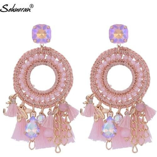 Sehuoran Tassel Earrings For Woman Boho Oorbellen Crystal Beads Facted Handmade Pendients Woman Wedding Earrings Big Earings