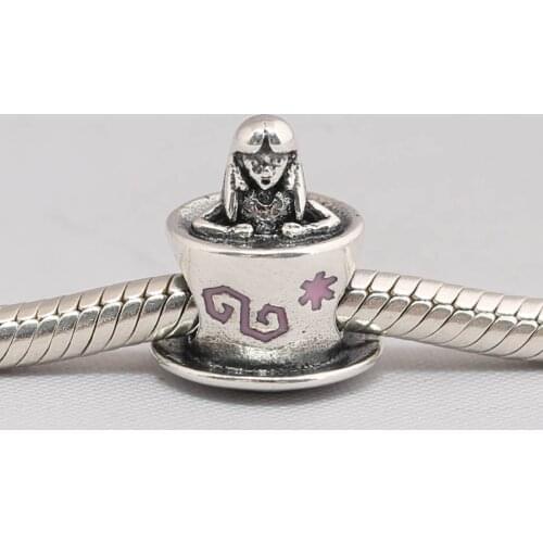 Authentic S925 Bead Girl in a Tea Cup Wonderland Charm fit Lady Bracelet Bangle DIY Jewelry