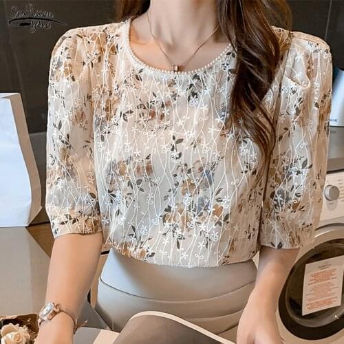 2021 Summer Elegant O-Neck Short Sleeve Shirts for Women Office Lady Floral Pullover Women Blouse Chiffon Tops Blusas Mujer 9625