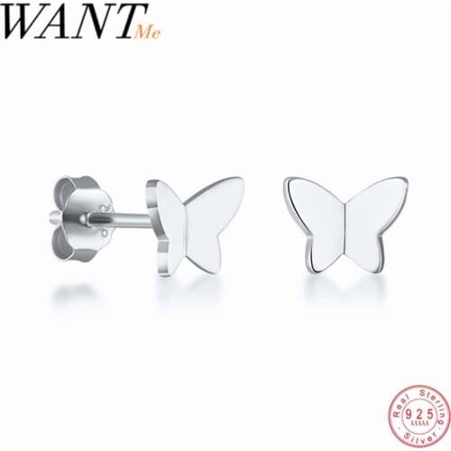 WANTME Genuine 100% 925 Sterling Silver Minimalism Mini Small Butterfly Stud Earrings for Women Girl Tteen Animal Jewelry Gift