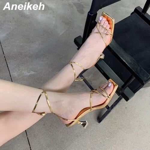 Aneikeh 2021 Women’s Shoes Summer Solid Modern Sandalias Spike Heels Cross-Tied Patent Leather Slides Concise Sexy Fashion Party