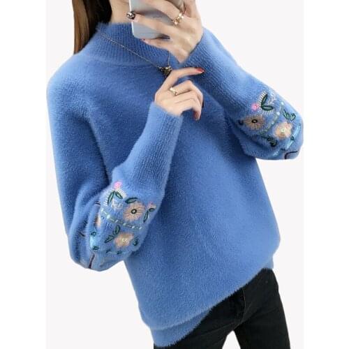 Women Fall Winter Imitation Mink velvet Sweater Pullover New Embroidered Long-sleeved Half Turtleneck Sweater Knitted Jumper new