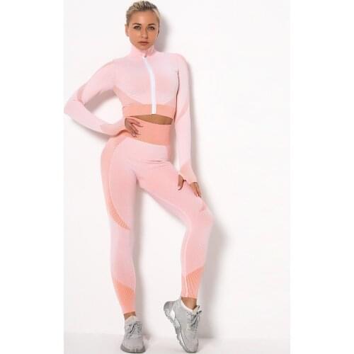 Womens Yoga Set Seamless Knitted Sexy Hip Yoga Pants Long Sleeve Suit Sports Running Fitness Pants