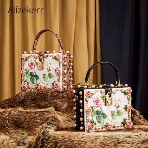 Snakeskin Pattern Box Evening Clutch Bags Women 2021 Elegant Retro 3D Flowers Diamonds Wedding Purse Ladies Pearls Shoulder Bag