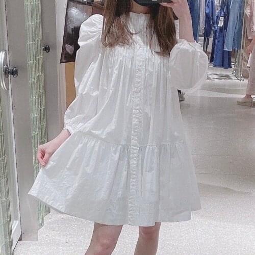 Single Sweet Fresh Breasted Women Dress 2021 Spring New Japan Style Puff Long Sleeve Vestidos O Neck Shirts Dresses