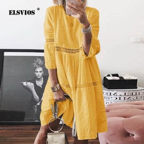 ELSVIOS Women Autumn buttertly leaf Print long sleeves Dresses Elegant casual O Neck Knee-length Dress Summer loose Dresses 5XL