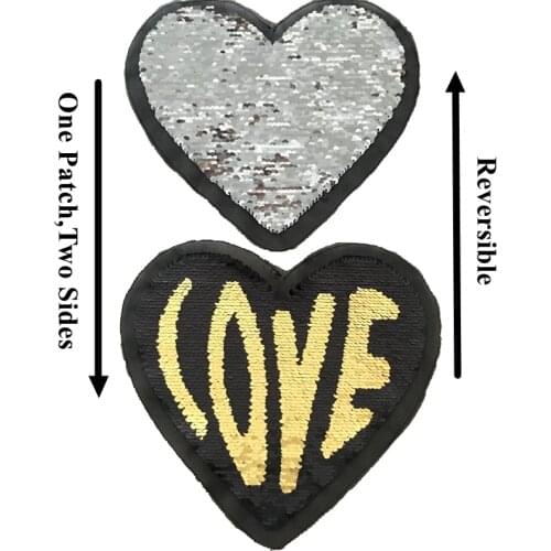 Gold Reversible LOVE Heartr-shaped Sequined Sew on Patches for Clothes LOVE Heart Sequins Patch Sewing DIY 2pcs/lot