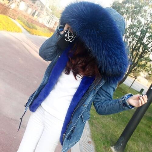 2020New Parka Winter Fur Jacket Women Denim Coats Thick Large Real Raccoon Fur Collar Detachable Fur Liner Women Clothing