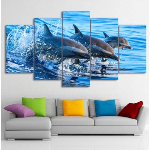 5 Pieces Blue Ocean Animal Jumping Dolphin Paintings Modern HD Printed Wall Art Framework Canvas Pictures Poster Home Decoration