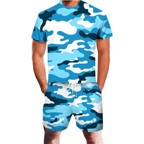 64# 2021 Summer Beach Sports Two-piece Suit Male 3d Camouflage Print T Shirt Shorts Set Men Fitness Running Suit Ropa Hombre