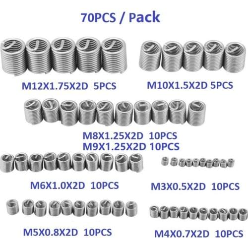 70pcs M3 M4 M5 M6 M8 M9 M10 M12 Wire Thread Insert Helicoil Stainless Steel Easy Install Repair Tool Wire Threaded Inserts Kits