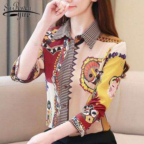 Blusas mujer de moda 2021 spring OL chiffon blouse for women tops Button Print turn-down Collar womens clothing blouses 8427 50