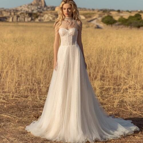 Eightree Boho Wedding Dresses Beach Glitter Strapless Bridal Gown A-Line Wedding Gown Sleeveless Bohemian Bridal Dress Plus Size