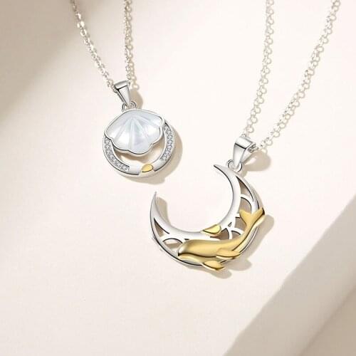 1 Pair Shell Couple Necklace Sterling Silver Lifetime Men Women Clavicle Chain Matching Pendant Valentines Day Gift Girlfriend