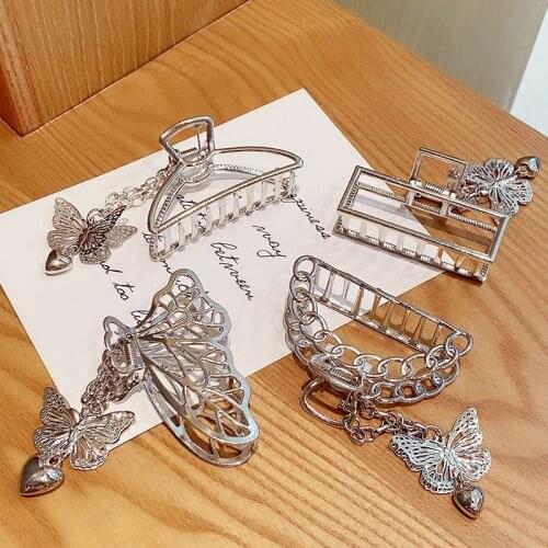 New Women Vintage Hollow Geometric Butterfly Chain Pendant Metal Hair Claws Elegant Hair Clips Headband Fashion Hair Accessories