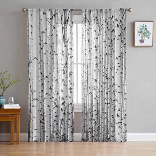 Black And White Birch Tree Sheer Curtains for Living Room Bedroom Kitchen Chiffon Tulle Curtains Home Hotel Coffee Decor