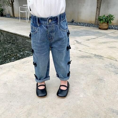 Kids Bows Denim Trousers Children Princess Straight Leg Full Length Pant Newest Fashion Kids Girls Jeans Bow Pants