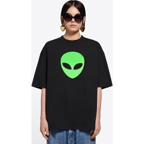Personality High Sale Funny Cool Alien Green Head Printed T-Shirt Fashion O Neck Loose Comfortable Cotton Short Sleeve