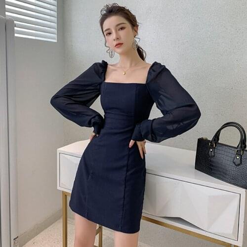 Fashion Vintage Square Collar Lantern Sleeve Mini Party Dress Ladies Elegant Streetwear Backless Simple Solid Female Short Dress