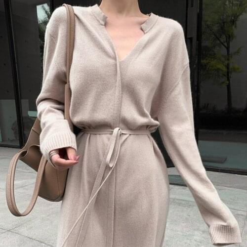 Solid Vintage Elegant Over the Knee Long Dress V-Neck Loose Simple Korean Casual Knitted Womens dress Straight Autumn W179