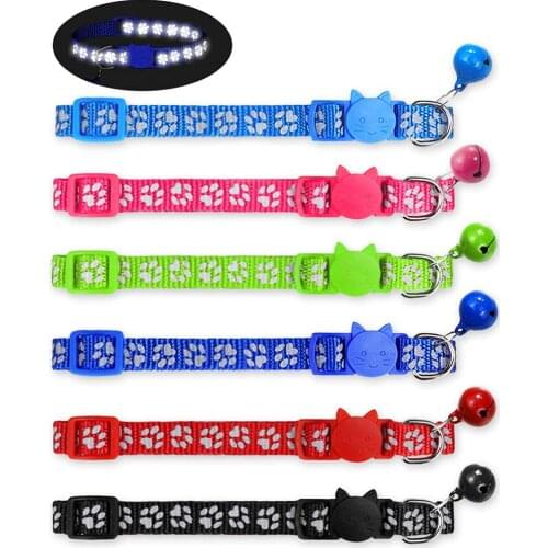 Cat Collar with Bell Paw Print Nylon Reflective Kitten Collars 6 Colors Safety Adjustable for Small Pet Dog Puppies