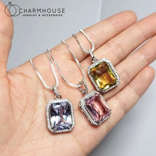 Natural Stone Pendant Necklaces For Women Big Square Gemstone Crystal Charm Necklace Chain Collier Femme Rhinestone Jewelry Gift