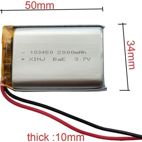 XINJ 3.7V 2000mAh Rechargeable Li-Po Polymer Li Battery 103450 2pin JST-PH 1.5 2.0 2.54mm 10mm Thick For Game Player GPS Camera