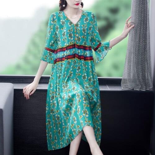 2021 Boho Floral Mulberry Silk Loose Midi Dresses Summer Casual Print 4XL Plus Size Beach Sundress Women Elegant Party Vestidos