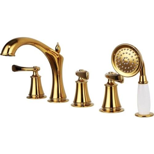 LUXURY Modern New gold PVD 5 Holes widespread Bathtub shower Faucet with Hand Shower deck mounted tub tap