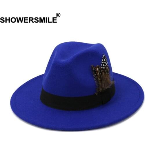 SHOWERSMILE Royal Blue Women Men Wool VintageTrilby Felt Fedora Hat with Feather Church Hats Wide Brim Winter Autumn Jazz Caps