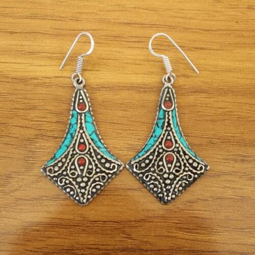 ER188 Nepal Indian Vintage Colorful Handmade Earring Tibetan Silver Metal Inlaid Turquoises Stone Woman Dangle Earrings