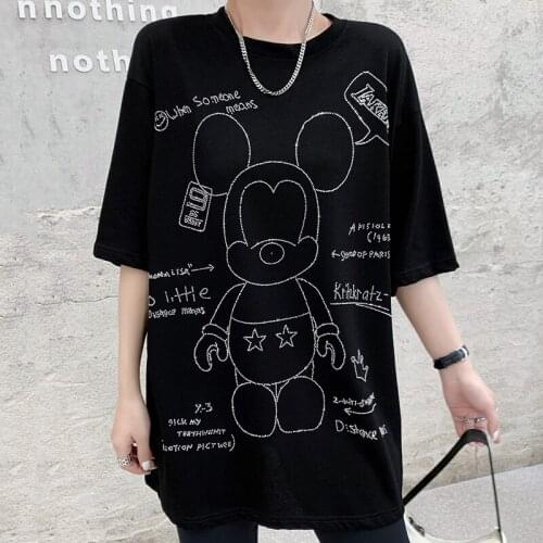 New Harajuku Women T-shirt Mid-length Heavy industry hot drilling Female Tops Summer loose Short-Sleeved T-shirts goth