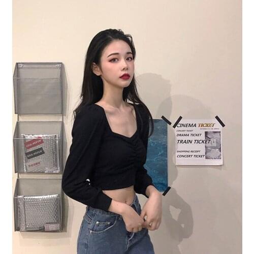 Exposed Navel High Waist Woman Tshirts Short T-shirt Disco Crop Top T Shirt Women Exposed Clavicle With Long Sleeve Bottoming