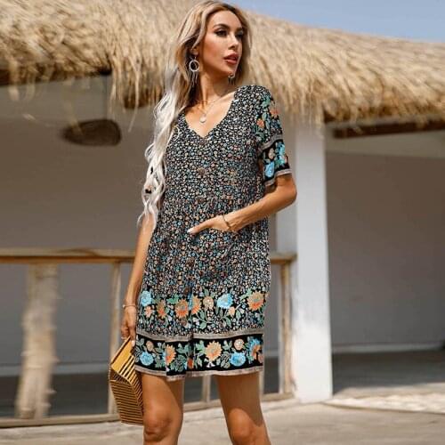 Ladies Clothes New Product Retro V-Neck Pullover Print Short Sleeves Loose Dress All-Match Popular Bohemia Sundress Wholesale