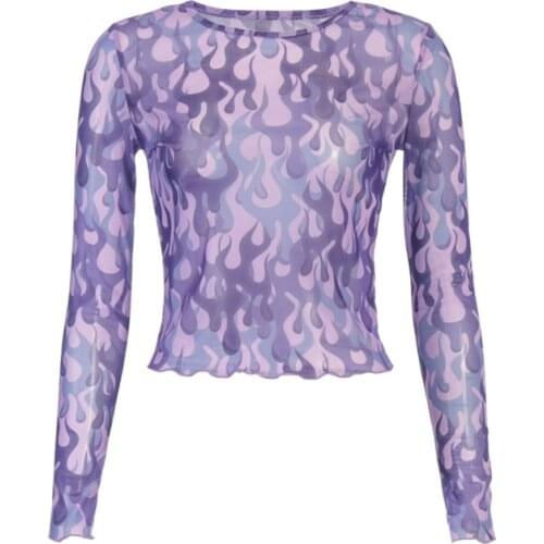 Womens Casual Long-sleeved T-shirt Fashion See Through Flame Print Mesh Yarn Slim Fit Pullover Top Sexy Club Wear