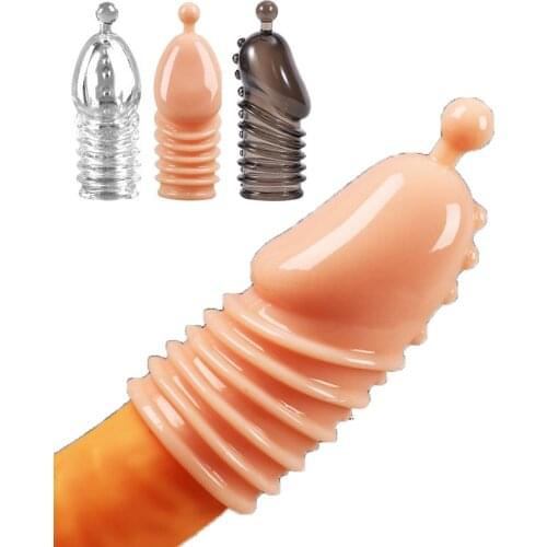 Reusable Penis Enlargement Condoms G Point Cock Rings Penis Extension Sleeves Sex Toys for Man Glans Protector Chastity Device