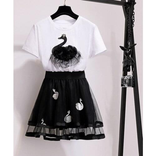 Summer Newest Girls Beading Embroidery Swan Mini Skirt Suits Women 2 Piece Sets Cotton T Shirt Top+High Waist Mesh Tulle Skirt