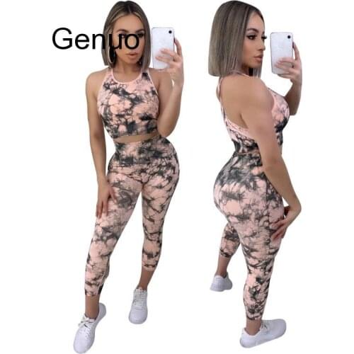 Women Wardrobe 2 Piece Tracksuits Tie Dye Print Tank Crop Top High Waist Cropped Pants Set Outfits