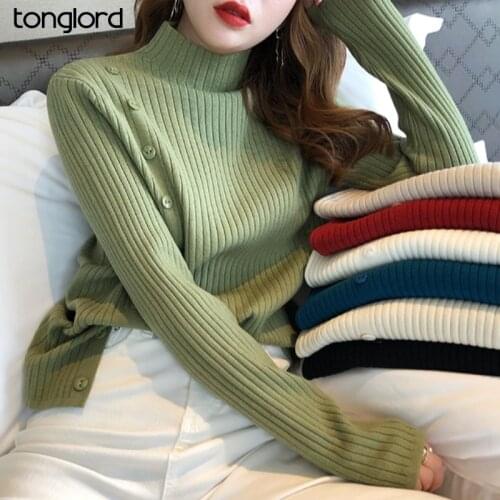 Chic Bottoming Sweater Tee Women 2021 Autumn Winter Button Split Long Sleeve Turtleneck Knitted Tops Fmale Solid Pullover Tops