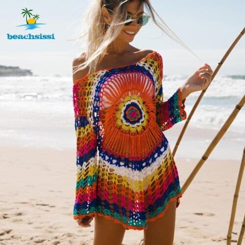 Beachsissi Colorful Knitted Cover Up Bikini Women Swimsuit Lace-up Kimono 2021 Beach Dress Bathing Suit Beachwear Tunic Robe