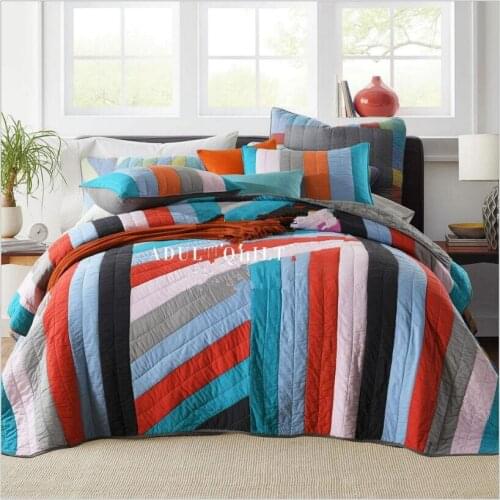 New Rainbow stripes Bedspread Cotton Bed Cover Super King Size 230x250cm Blanket Pillowcases 3pcs