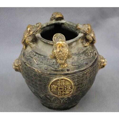 4'' China Carving Jar Toad Lion Auspicious Bronze Statue