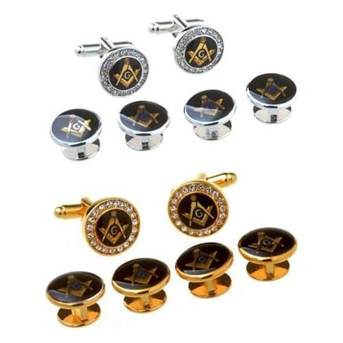5sets/lot Gold/Silver Crystal Freemason Tuxedo Cufflinks Collar Studs 6pcs Set Masonic Free Mason Cuff Links Stud Mens Jewelry