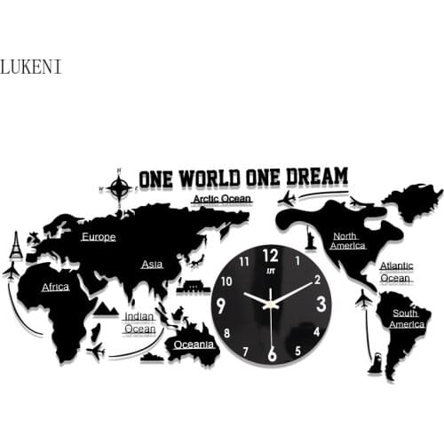 Large Size Black World Map Wall Clock Acrylic Creative Living Room Luminous Clock European Style Home Decoration Clock