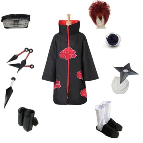 Brdwn NARUTO Unisex Sand Akatsuki Sasori Cosplay Costume Full set( Red Cloud Cloak+Headband+Shoes+Ring+Kunai+bag+shuriken)