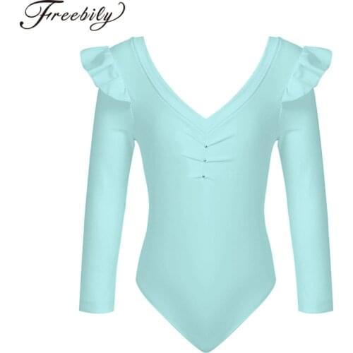 Kids Girls Professional Ballet Leotard Pure Color V Neck Ruffle Long Sleeve Dance Gymnastics Leotard Bodysuit Ballet Dancewear
