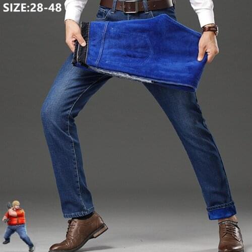 Winter Denim Pants Black Warm Fleece Oversized Jeans For Men Plus Size 42 44 46 48 Slim Fit Stretch Thicken Large Fleece Trouser