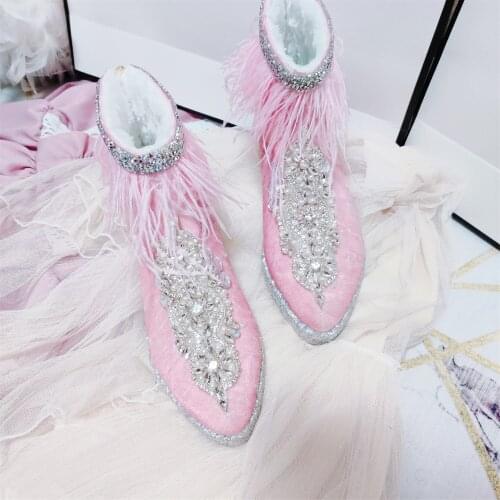 Ins handmade heavy industry ostrich hair goddess tassel rhinestones heightening wedge heel velvet French womens boots
